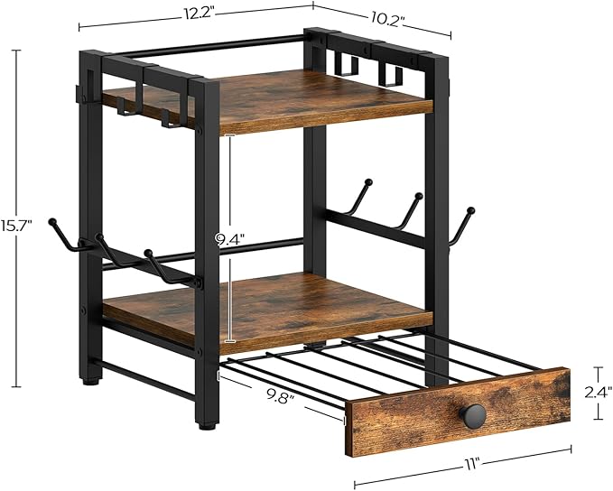 3-Tier Coffee Mug Holder with 12 Hooks, Coffee Bar Organizer, 25 Pods Capacity, Versatile Desktop Storage Rack, Space-Saving, for Kitchen, Living Room, Rustic Brown and Black MH01BR-NeatNest