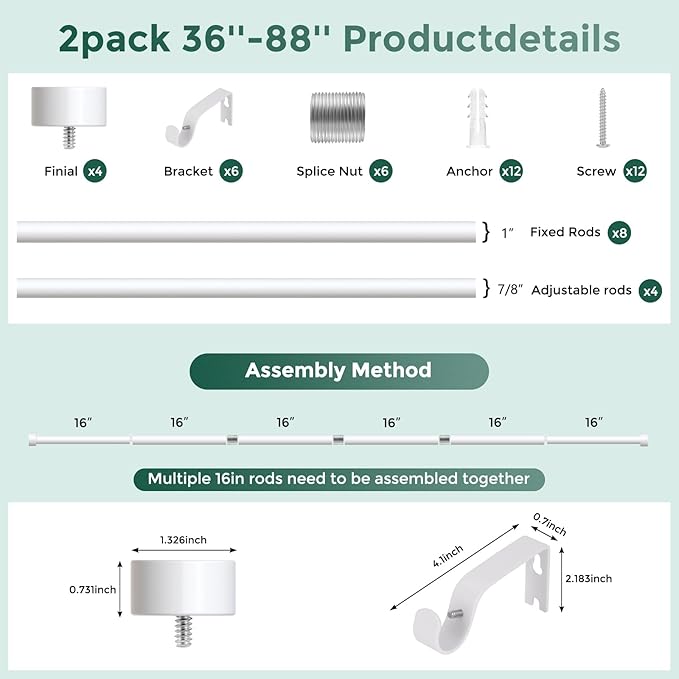 2 Pack Curtain Rods for Windows 48 to 84 Inch(4-7 Feet),White 1'' Diameter Drapery Rods with End Cap Style Design,Modern Adjustable Heavy Duty Curtain Rod,Size:36''-88''