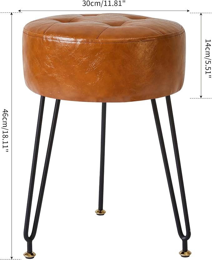 IBUYKE Faux Leather Round Footrest, Makeup Vanity Stool Side Table, PU Dressing Table Seat, Pouf Couch Stool, Golden Steel Legs, Light Brown LG-31J