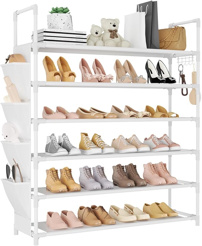 6 Tier Shoe Rack Storage for 24-30 Pairs Shoe and Boot, Shoe Organizer with Hook and Side Pocket Free Standing Long Shoe Shelf Tall Shoe Rack Organizer for Closet, Entryway, Dorm, White-NeatNest