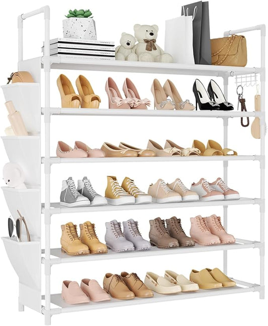 6 Tier Shoe Rack Storage for 24-30 Pairs Shoe and Boot, Shoe Organizer with Hook and Side Pocket Free Standing Long Shoe Shelf Tall Shoe Rack Organizer for Closet, Entryway, Dorm, White-NeatNest