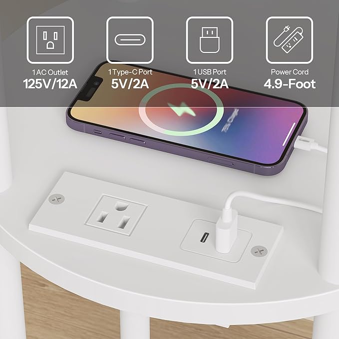 HOOBRO Set of 2 Small Round Side Tables with Charging Station, 3-Tier Round Bamboo End Tables, Easy Assembly, for Living Room, Bedroom, Apartment, White WT152UBZP201