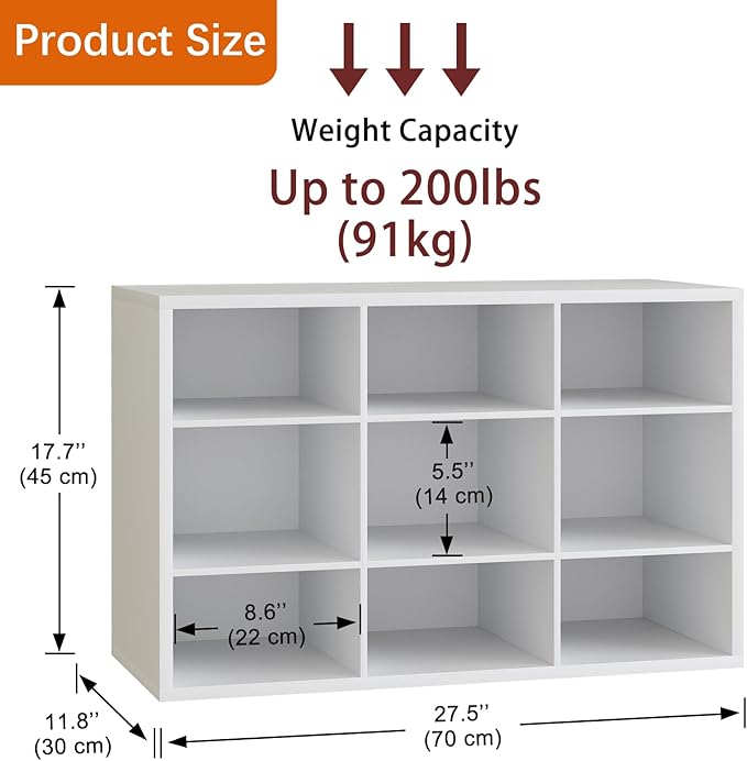 Garden 4 you Shoe Storage Bench, Cubby Shoe Rack with 9 Cubbies, 3-Tier Wood Shoe Rack Organizer, Shoe Organizer Cabinet for Entryway, Hallway, Closet and Garage, White-NeatNest