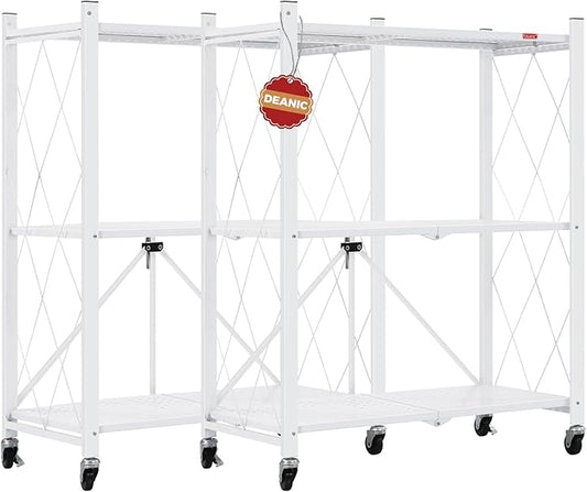 DEANIC 3 Tier Foldable Storage Shelves with Wheels, Large Capacity Shelving Unit, Freestanding Metal Wire Shelf Rack, No Assembly Organizer Rack for Garage Kitchen, Basement, Pantry(White Pack of 2)-NeatNest