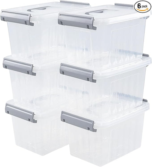 3 L Small Clear Storage Latch Box, 6 Pack Plastic Stackable Organizer Containers with Lids