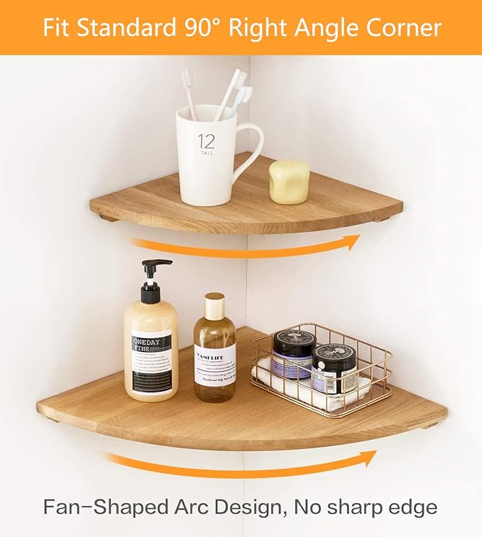 Corner Shelf Wall Mount, 12inch Oak Wood Floating Corner Shelf Round End Small Corner Nightstand Plant Shelf Wall Mount for Kitchen, Living Room, Bedroom-NeatNest