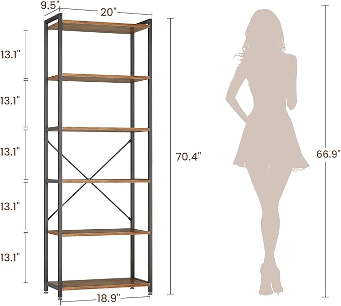 Casaottima Book Shelf, 6 Tier Tall Bookshelf, Modern Wood Bookcase Shelves for Bedroom, Industrial Display Shelf for Living Room Home Office Kitchen, Standing Shelving Unit Storage Organizer, Vintage-NeatNest