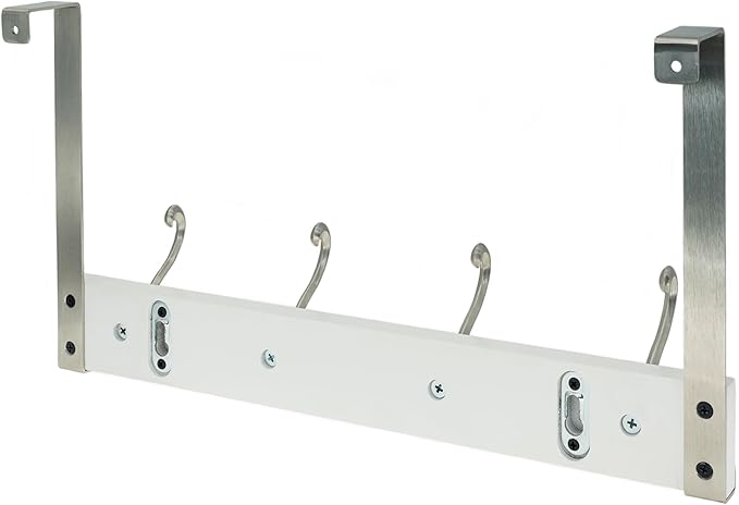 creathome Dual-Purpose Wooden Hanger with 4 Ring Hooks White Color, Behind/Over The Door Towel Rack for Bathroom, Heavy Duty Wall Mounted Coat Rack, No Drilling
