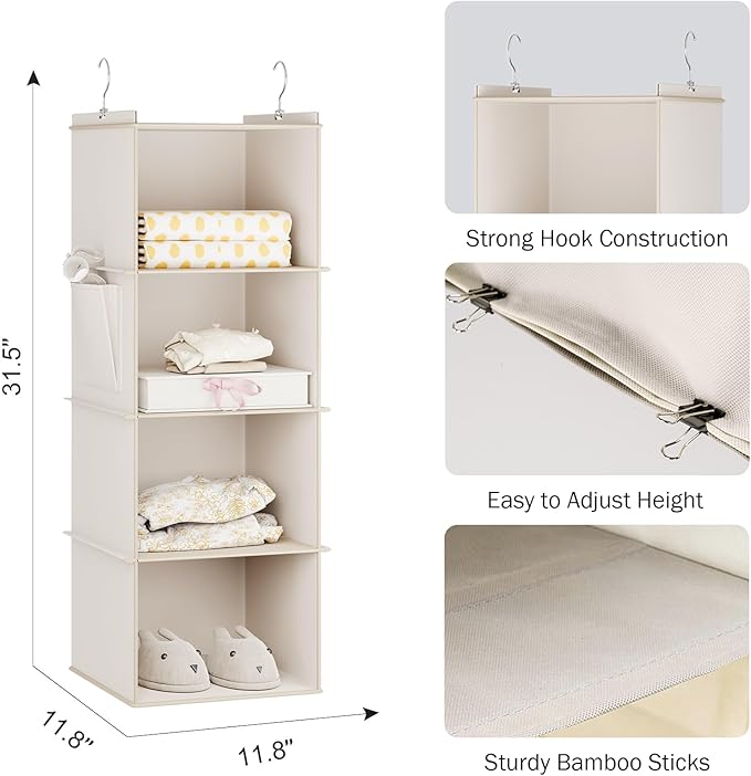 Hanging Closet Organizer, 4-Shelf Closet Hanging Storage Shelves, Beige-NeatNest