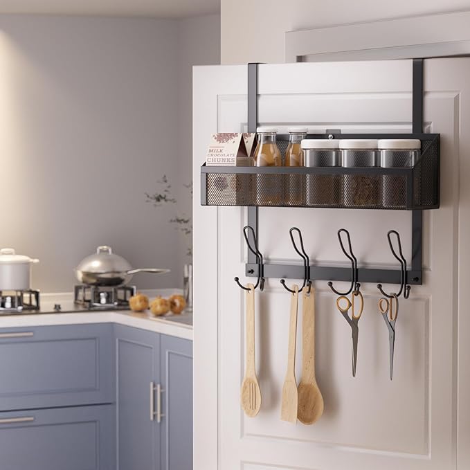 Over The Door Hooks Organizer with 12 Hooks, Over The Door Storage Rack with Mesh Basket,Back of Door Storage Organizer Over The Door Hanger for Bedroom,Bathroom,Kitchen, Pantry, Black