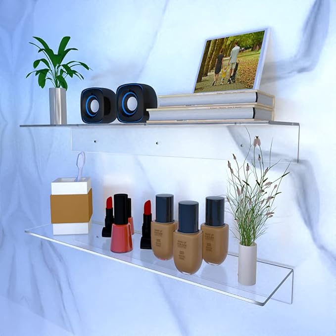 24 Inches Clear Floating Shelves for Wall, Acrylic Long Wall Shelf, Wall Mounted Shelves for Plants, Speaker, Radio, Funko Pop, Stuffed Animal, Books, Cosmetics, Toiletries, 2 Pack (24 Inch)-NeatNest