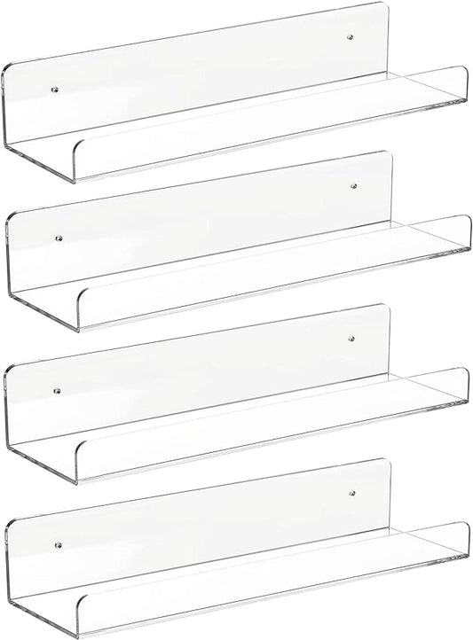 CY craft 4 PCS Clear Acrylic Floating Wall Ledge Shelf 15 Inch Wall Mounted Nursery Kids Bookshelf, Invisible Hanging Shelves for Wall Storage,Toy Picture Ledge Display Shelf Bathroom Storage Shelves-NeatNest