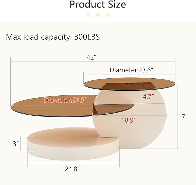 Glass Coffee Tables for Living Room Round Coffee Tables Modern Double Layer Round Table Circle Coffee Table for Small Space Home Office (42 Inch Amber Yellow Glass)