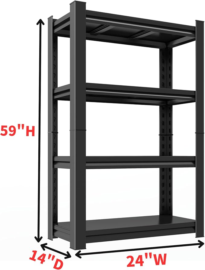 Garage Shelving Unit, Heavy Duty 4-Tier Adjustable Storage Shelf, Steel Shelving,2000 lbs Capacity, Industrial Shelves for Heavy Tools and Equipment, 59" H x 24" W x 14" D,Black-NeatNest