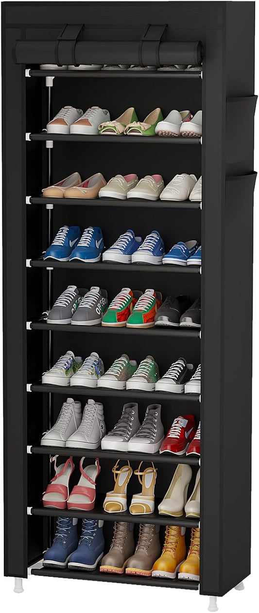 Calmootey 9 Tier Shoe Rack Organizer,Portable Shoe Shelf with Nonwoven Fabric Cover for Closet Hallway,Bedroom,Entryway,Black-NeatNest