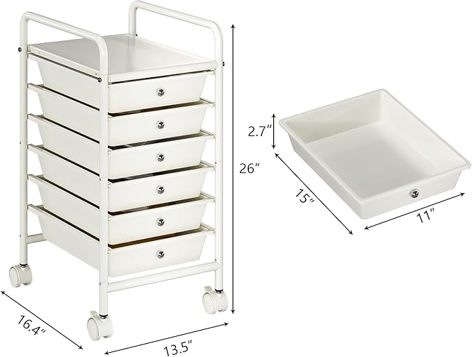 6-Tier Utility Cart with 6 Drawers, Rolling Utility Cart with 2 Lockable Caster Wheels, Multipurpose Mobile Rolling Drawer Cart for Office Bathroom Kitchen, Ivory White
