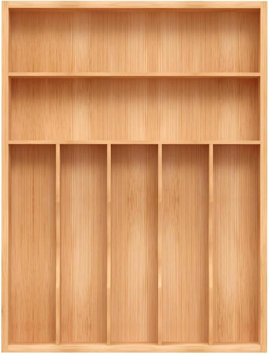 Bamboo Utensil Drawer Organizer, Silverware Tray Organizer, Kitchen Drawer Organizer for Flatware Cutlery, Silverware Tray for Drawer (brown, Large 16.5x12.3 Inch)-NeatNest