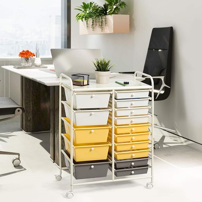Giantex 15-Drawer Organizer Cart Office School Storage Cart Rolling Drawer Cart for Tools, Scrapbook, Paper (Yellow)