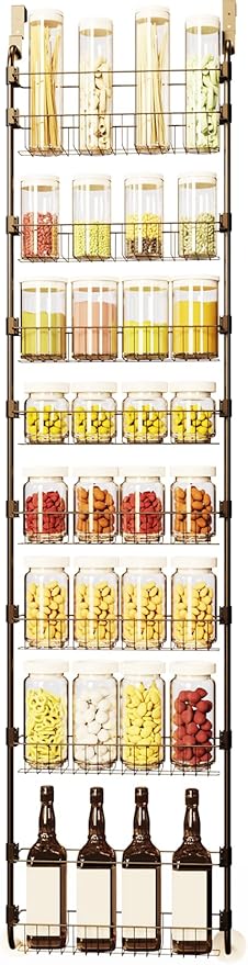 Over The Door Pantry Organizers, Pantry Door Organizer and Storage with Adjustable Baskets,Heavy-Duty Metal Spice Rack,Over The Door Organizers for Kitchen,Bathroom (Black, 8tier)