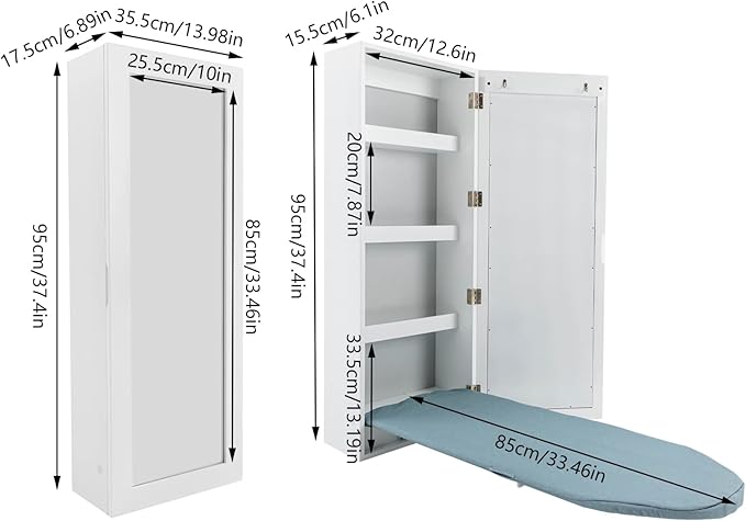 Ironing Board Cabinet Wall Mounted, Cabinet with Built-in Ironing Board, Foldable Ironing Storage Station with Mirror for Home, Apartment & Small Spaces, Easy-Release Lever