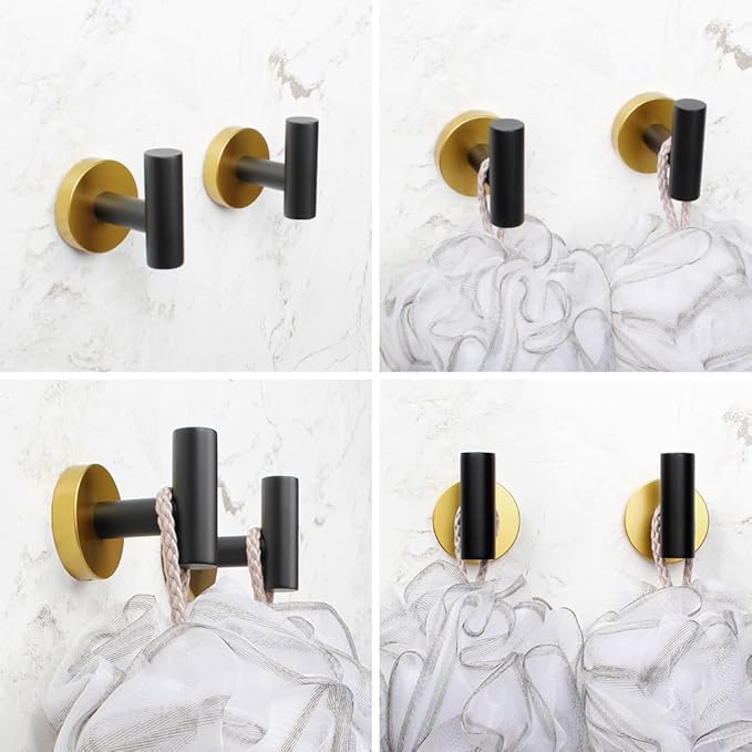 Stainless Steel Towel Coat Hooks Bathroom Clothes Garage Hotel Robe Hook Wall Mounted Bath Door Hanger 2 Pack Black & Gold