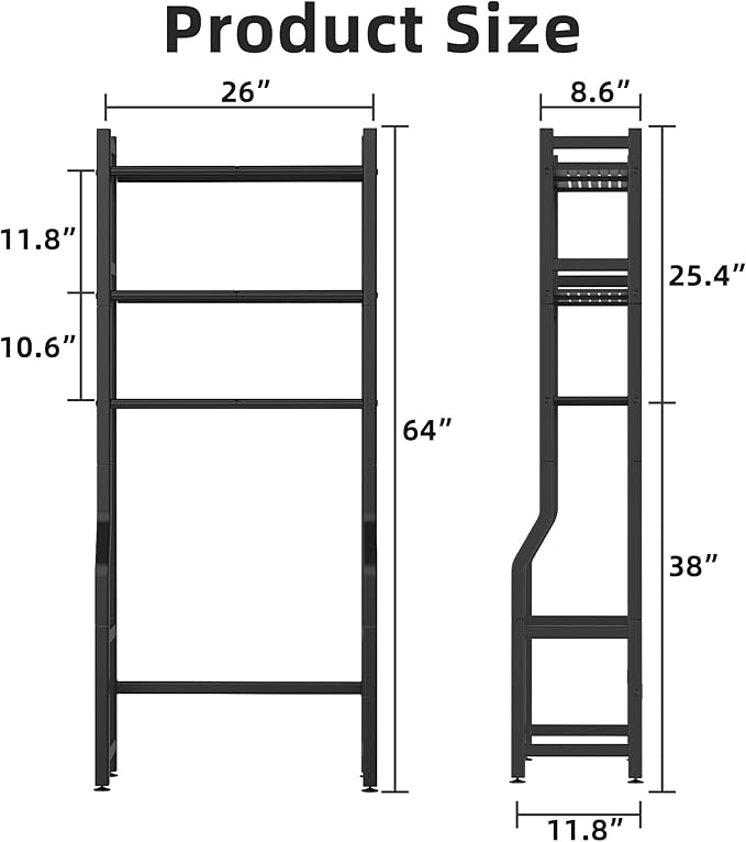 3 Tier Over The Toilet Storage Rack with Toilet Paper Holder, Metal Freestanding Bathroom Shelves with 4 Hooks, Over Toilet Storage Shelf for Bathroom Storage, Black-NeatNest