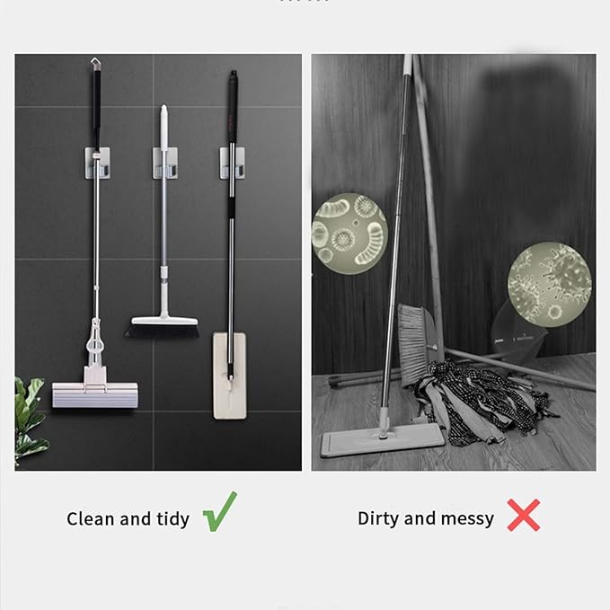 Broom and Mop Holder Wall Mounted, Stainless Steel Self-Adhesive Single Broom Hanger Hook,Organizer Rack for Kitchen Garage Closet Pantry Refrigerator,Rectangle - Gray (4 Pack)