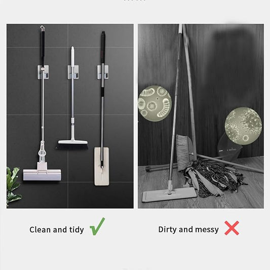 Broom and Mop Holder Wall Mounted, Stainless Steel Self-Adhesive Single Broom Hanger Hook,Organizer Rack for Kitchen Garage Closet Pantry Refrigerator,Rectangle - Gray (4 Pack)-NeatNest