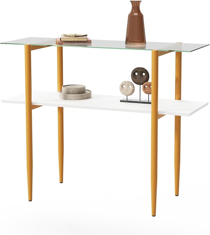 Glass Sofa Table, Mid-Century Modern Entryway Table with Tempered Glass & Golden Legs, 2-Tier Behind Couch Table for Living Room Hallway Entrance, White-NeatNest