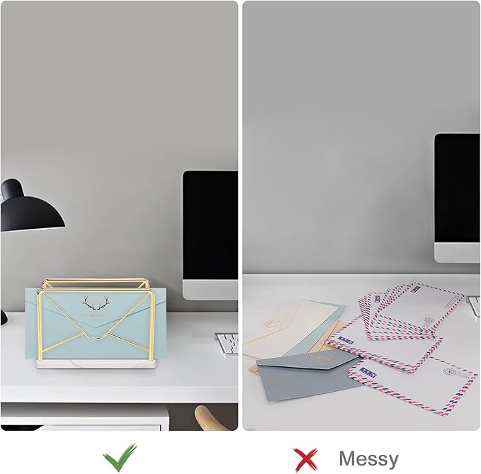 Modern Mail Holder for Home Office, Metal Letter Organizer Sorter for Desk, Cutout Mail Envelope Design, Bill Filling Paper Document Rack, Envelope Storage Rack with Marble Base