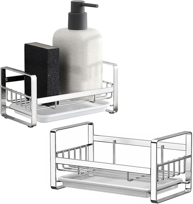2 Pack Kitchen Sponge Holder - Kitchen Sink Organizer - Sink Caddy - Sink Tray - Soap Holder - Stainless Steel,Silver+White