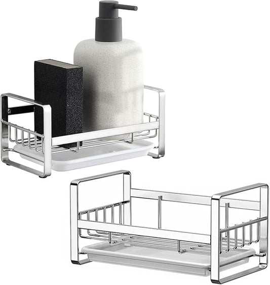 2 Pack Kitchen Sponge Holder - Kitchen Sink Organizer - Sink Caddy - Sink Tray - Soap Holder - Stainless Steel,Silver+White
