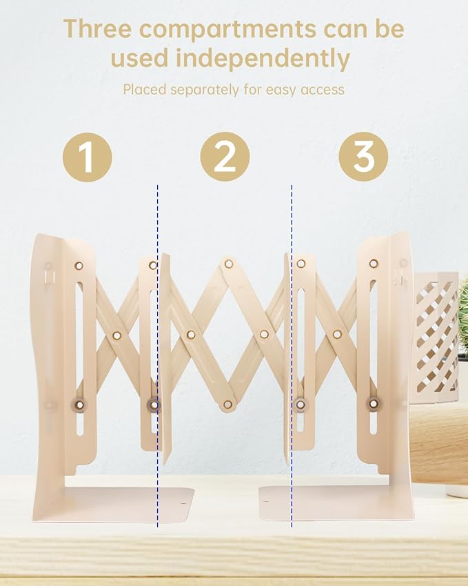 Honagu Adjustable Bookends, Metal Book Ends for Shelves Heavy Book, Desk Magazine File Organizer for Home, Office, Books, Papers, Extends up to 19 inches with Pen Holder (Beige)