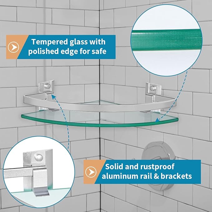 2 Pcs Tempered Glass Corner Shelf with Rail & Brackets, 9.5" x 9.5" Floating Shower Caddy, Wall Mounted Shampoo Holder Organizer for Bathroom, Kitchen, Living Room