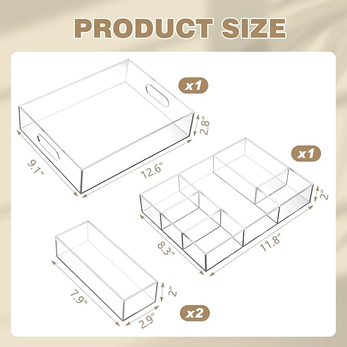 4 Pack Desk Drawer Organizer Set 3 Size Clear Acrylic Drawer Organizer Trays and Storage Dividers Office Accessories for Pen Makeup Silverware Office Bathroom