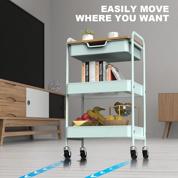 3 Tier Rolling Cart, Utility Cart with Drawer and Table Top, Metal Rolling Kitchen Storage Organizer Cart with Handle and Locking Wheels for Bathroom Office Balcony Living Room-NeatNest