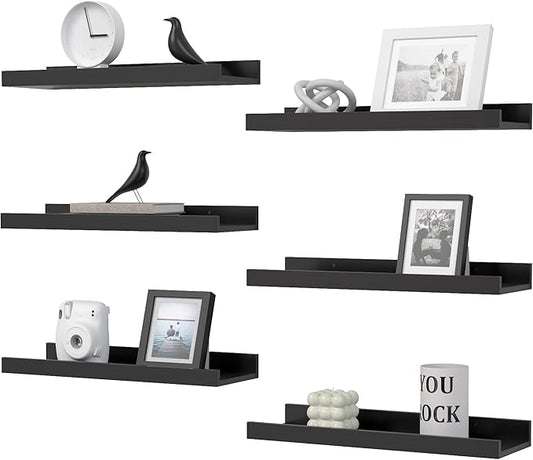 Floating Shelves Set of 6, Black Wall Shelves with Lip, Display Shelves for Wall Decor, Modern Picture Ledge for Living Room, Bedroom, Nursery, Bathroom, Pictures, Books, Plants- Black-NeatNest