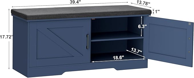 2-Tier Storage Bench, Shoe Bench with Padded Seat Cushion, Entryway Bench with 2 Barn Doors, Adjustable Shelf, 13.8" D x 39.4" W x 17.7" H, for Entryway, Living Room, Bedroom, Blue-NeatNest