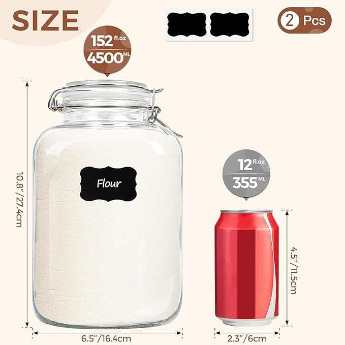 ComSaf Rice Container 152oz, Flour Sugar Storage Containers, Glass Jars with Airtight Lid, 1.17 Gallon Mason Jar, Large Storage Containers with Lids for Pickled Egg, Pasta, Cereal, Beans, Set of 2-NeatNest