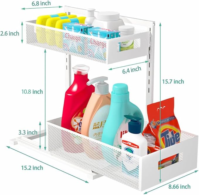Under Sink Organizer Adjustable Height 2 Tier Bathroom Organizer Pull Out Cabinet Organer kitchen organizers and storage fridge organizers and storage,White,XL-1 Pack-NeatNest