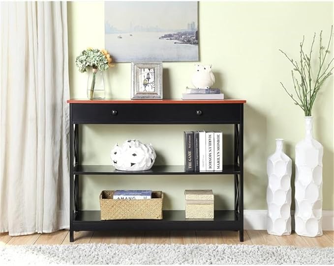 Convenience Concepts Oxford 1 Drawer Console Table with Shelves, Cherry/Black-NeatNest