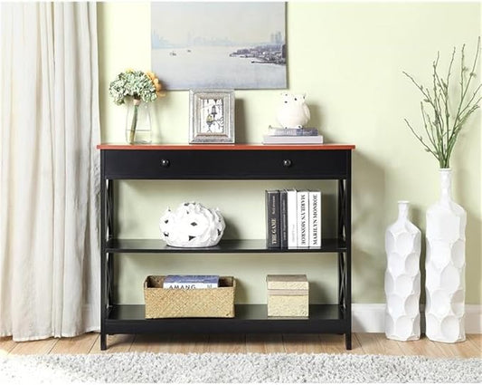 Convenience Concepts Oxford 1 Drawer Console Table with Shelves, Cherry/Black-NeatNest
