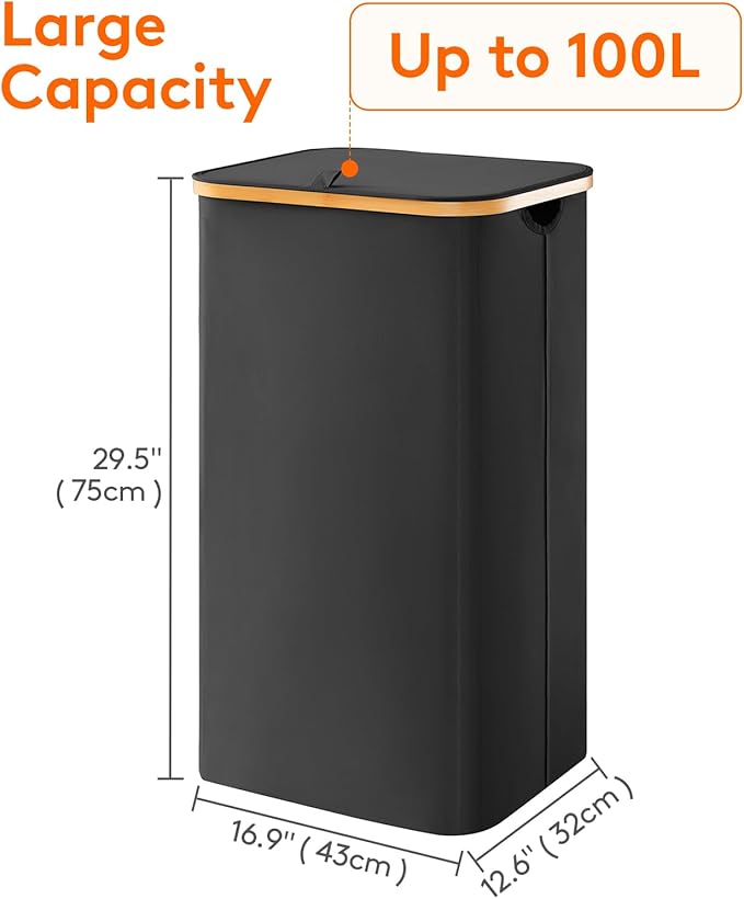 Lifewit 100L Laundry Basket with Lid, Clothes Hampers for Laundry with Bamboo Handles and A Removable Laundry Bag, Large Foldable Laundry Hamper for Bedroom, Bathroom, Dorm, Black, 2 Pack-NeatNest
