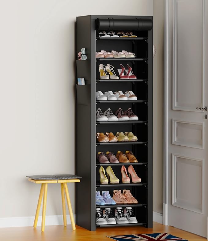 VTRIN Vertical Narrow Shoe Rack Organizer Tall Shoe Rack for Closet Entryway 10 Tier Non-Woven Cover Shoe Shelf Holds 20-22 Pairs Free Standing Shoe Storage Cabinet with Dustproof Cover, Black-NeatNest