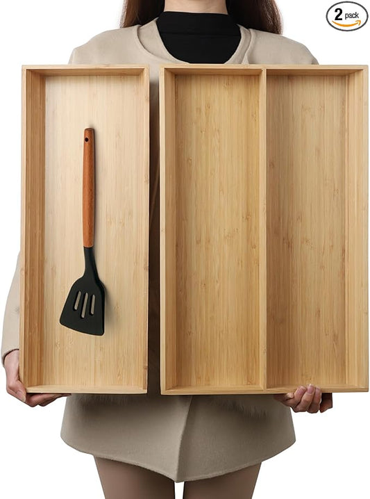 2-Piece V-Shaped Bamboo Drawer Organizer - Ideal for Kitchen's Large Long Tableware, Cooking Utensils, Flatware, Silverware - Wood Storage Box for Home, Bedroom, Bathroom (19.6"x12.4" & 19.6"x7.8")-NeatNest