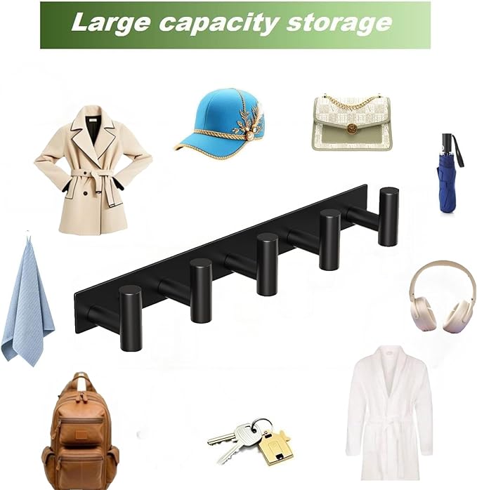 Wall Mounted Coat Rack-5 Hooks, Heavy Duty Stainless Steel Hook Rail for Towel Coat Hat Purse Bag Jacket, Towel Hooks for Entryway Bathroom Kitchen (Black 5 Hooks - 1 Pack)-NeatNest