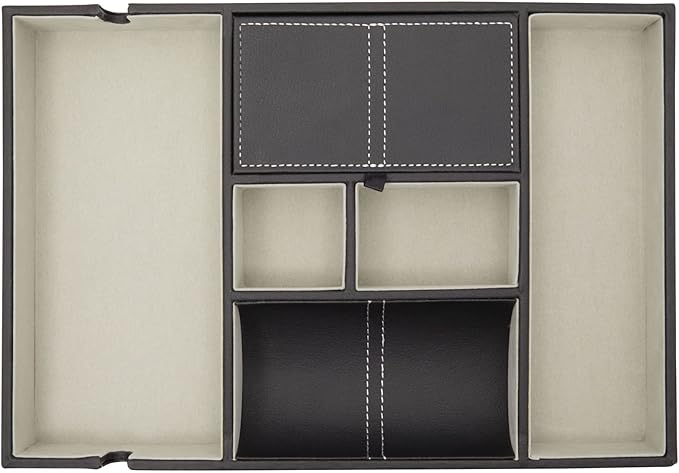 Juvale Leather Valet Catchall Tray for Men with 6 Compartments - Bedside Nightstand Organizer for Phones (Black) - Valet Tray-NeatNest