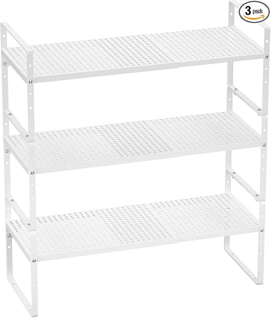 Cabinet Organizer Shelves,Expandable Spice Racks,Stackable Countertop for Organizer Pantry Counter Under Sink,Adjustable Storage Shelf Racks for Kitchen Home Office,White,3 Packs-NeatNest