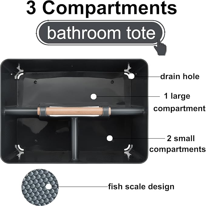 Haundry Plastic Gray Shower Caddy Basket with 3 Compartments, Portable Divided Bathroom Cleaning Caddy Organizer Storage Tote with Handle for Dorm,College, Room Essentials