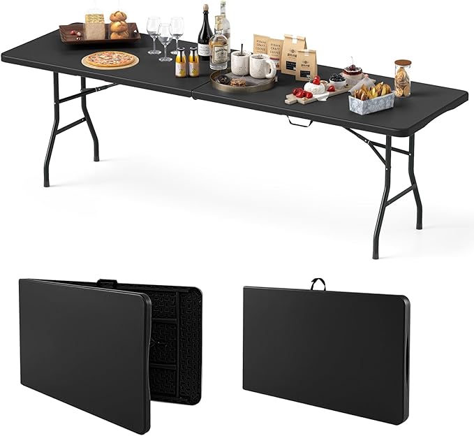 Goplus 8ft Plastic Folding Table, 350 LBS Outdoor Heavy Duty Folding Tables with HDPE Tabletop, Handle, Lock, Foldable Rectangle Portable Utility Card Table for Picnic, Party, Camping, Dining-NeatNest